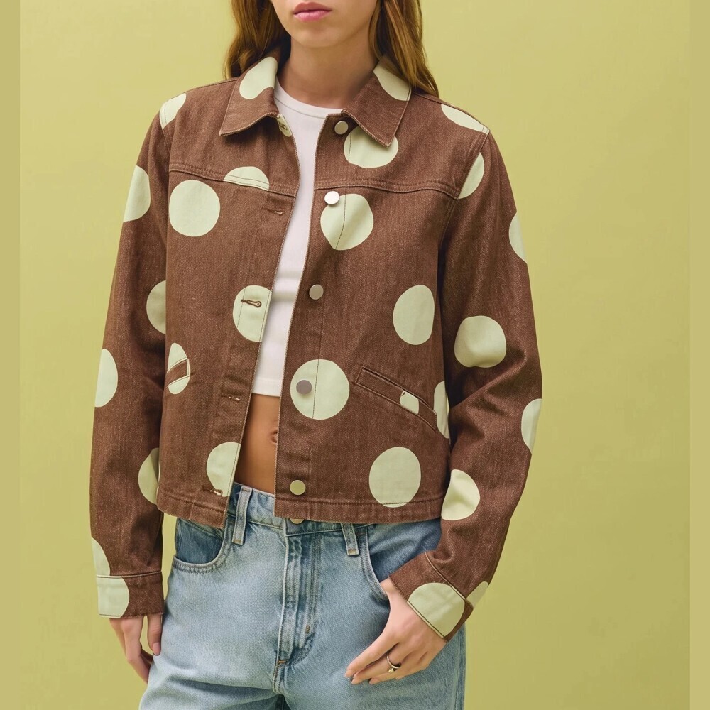 Brown Cream Polka Dot Print Denim Cropped Trucker Jacket w/ Collar